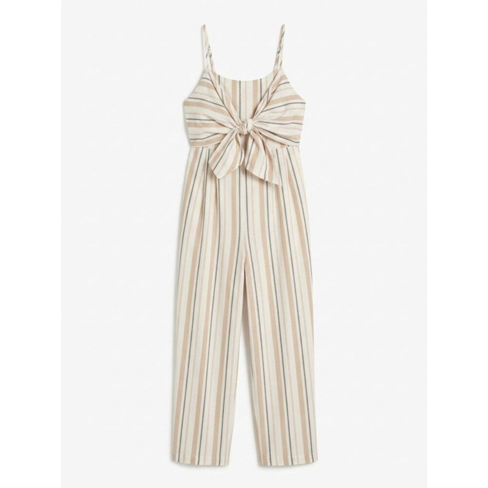 Forever 21 Cropped Jumpsuit Neutral Striped Tie Front Wide Leg Medium